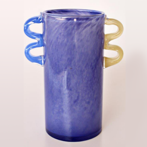Purple Glass Vase with Blue and Yellow handles