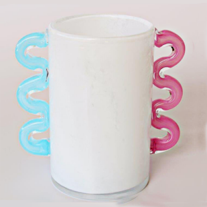 White Frosted Glass Vase with Pink and Blue handles