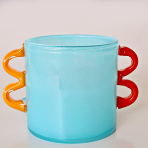Aqua Blue Glass Vase with Orange and Red Handles